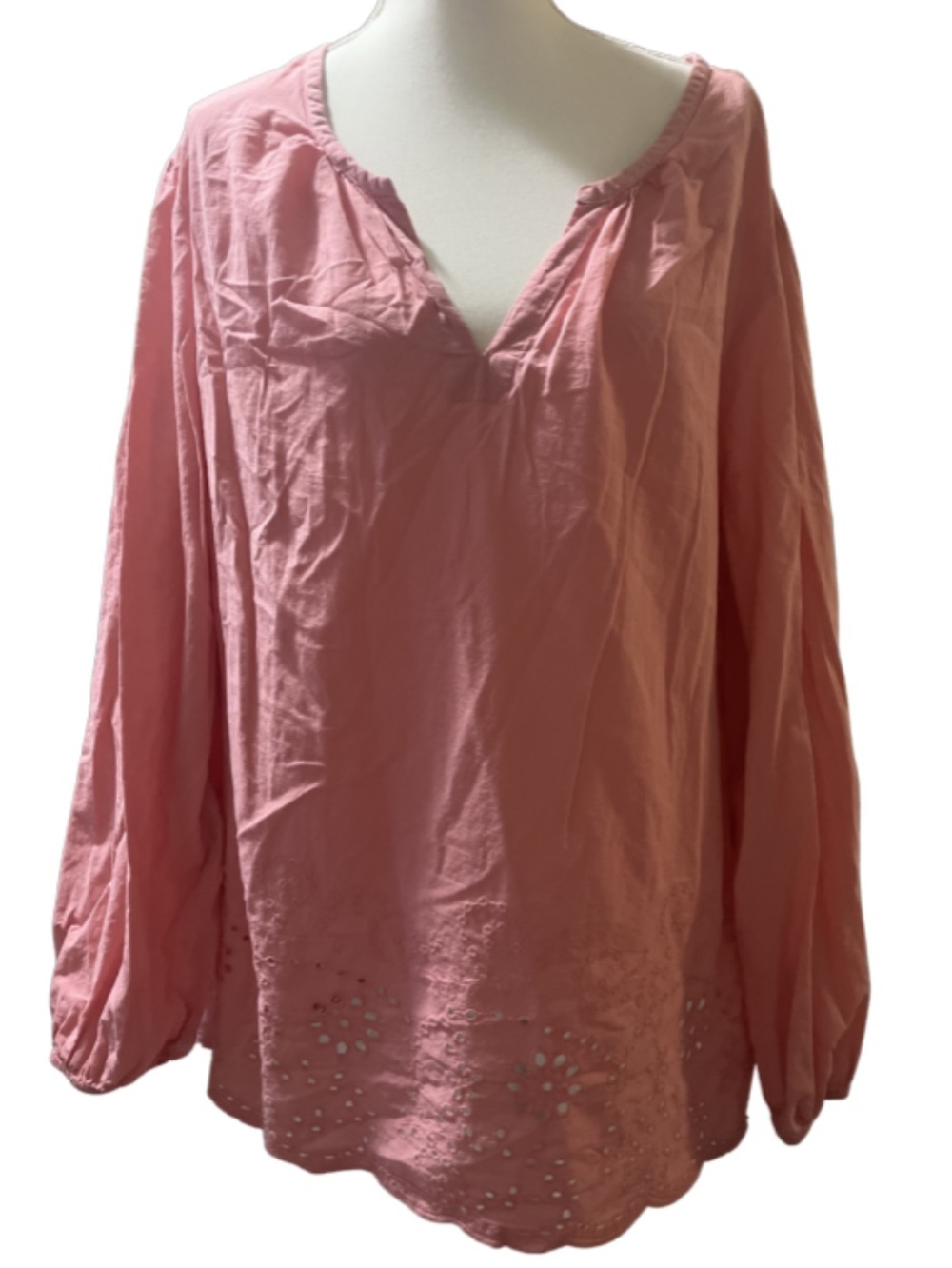 Lane Bryant Coral Pink Split Neck Eyelet Hem Peasant Tunic Blouse Size 24